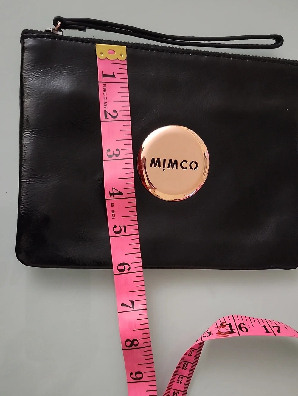 Mimco Black Patent Leather Wristlet with Rose Gold Logo Disc And Dustbag Lux New